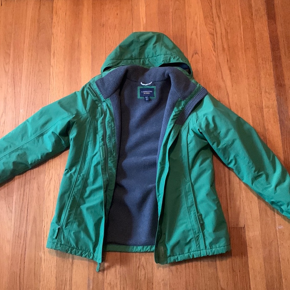 Landsend green fleece lined squall winter jacket with detachable hood